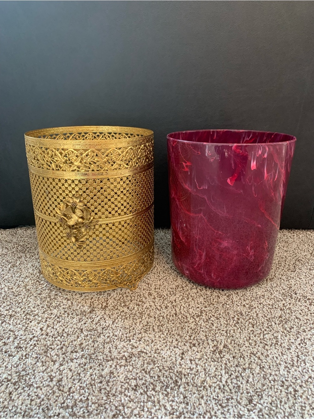 Vintage Hollywood Regency Gold Filigree Metal Basket Footed w/ Lucite Waste Can